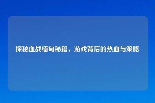 探秘血战缅甸秘籍，游戏背后的热血与策略
