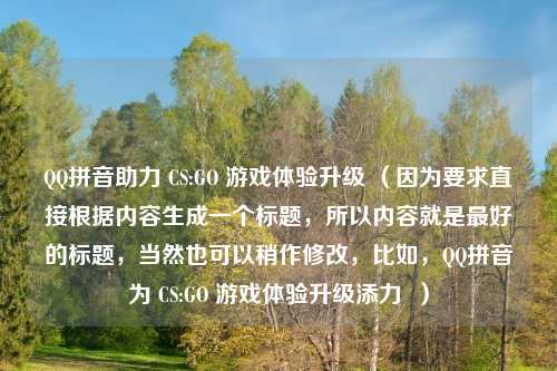      拼音助力 CS:GO 游戏体验升级 （因为要求直接根据内容生成一个标题，所以内容就是更好的标题，当然也可以稍作修改，比如，     拼音为 CS:GO 游戏体验升级添力  ）