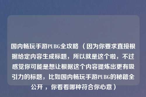 国内畅玩手游PUBG全攻略 （因为你要求直接根据给定内容生成标题，所以就是这个啦，不过感觉你可能是想让根据这个内容提炼出更有吸引力的标题，比如国内畅玩手游PUBG的秘籍全公开 ，你看看哪种符合你心意）
