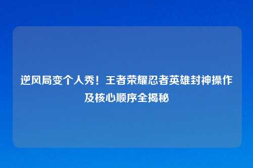 逆风局变个人秀!王者荣耀忍者英雄封神操作及核心顺序全揭秘